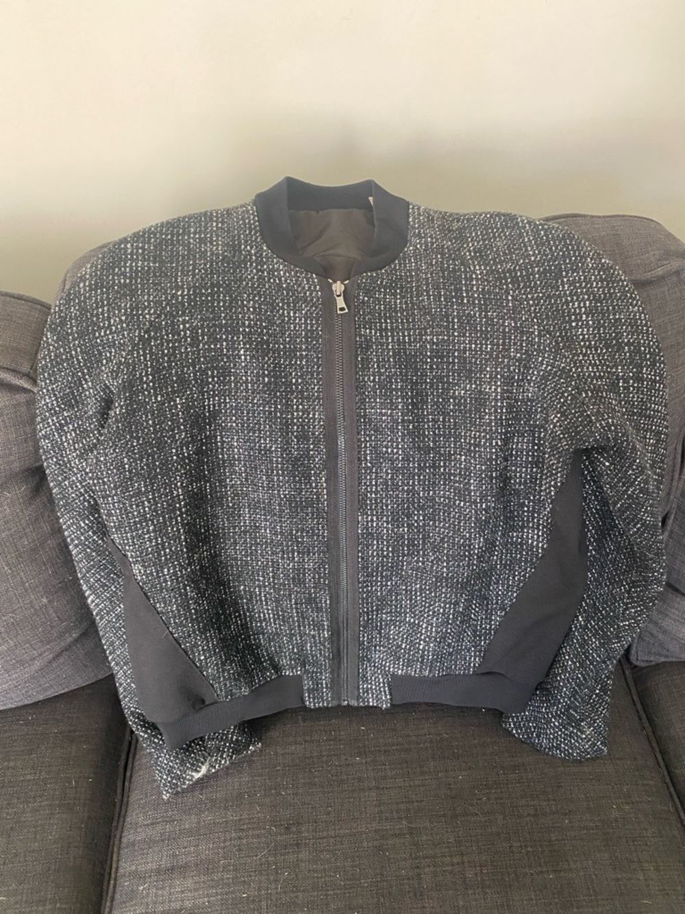 Textured Black & White Zip Front Bomber Jacket